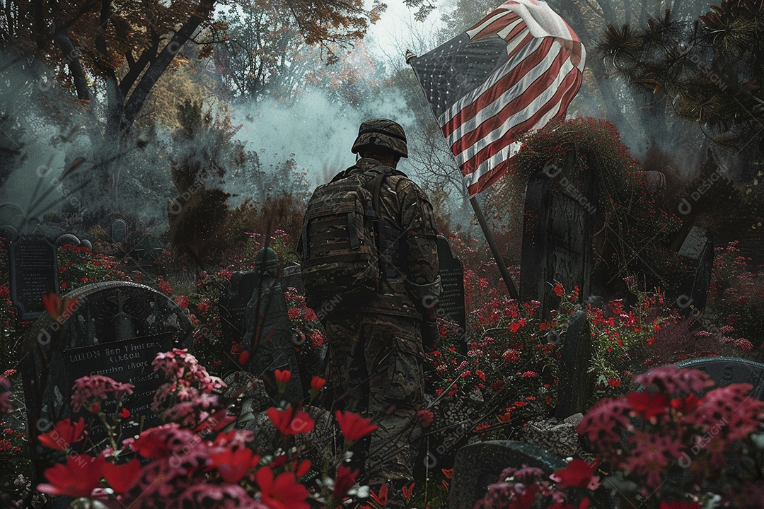 Um soldado está olhando flores e túmulos americanos