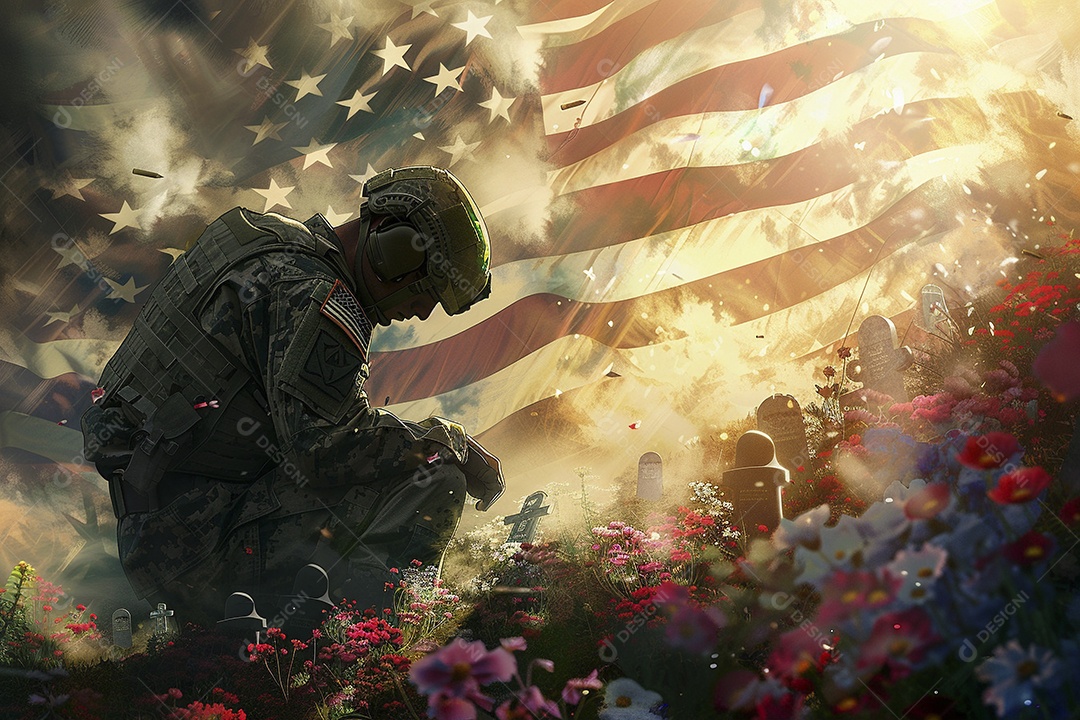 Um soldado está olhando flores e túmulos americanos