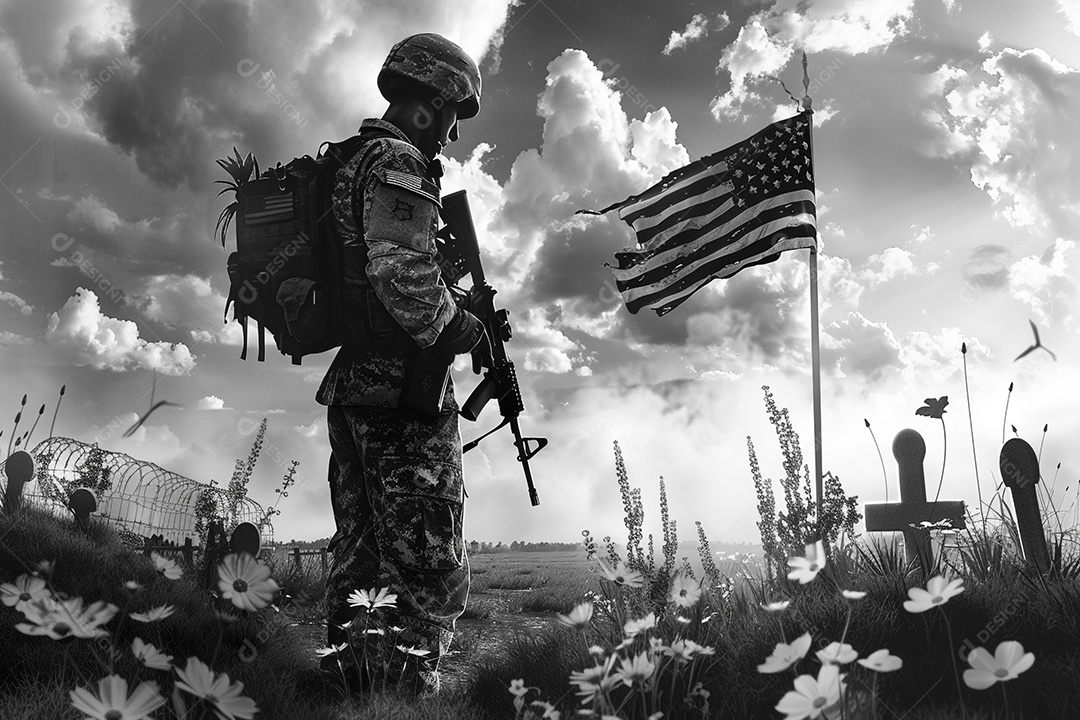 Um soldado está olhando flores e túmulos americanos