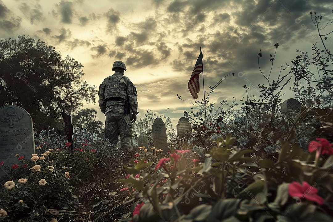 Um soldado está olhando flores e túmulos americanos