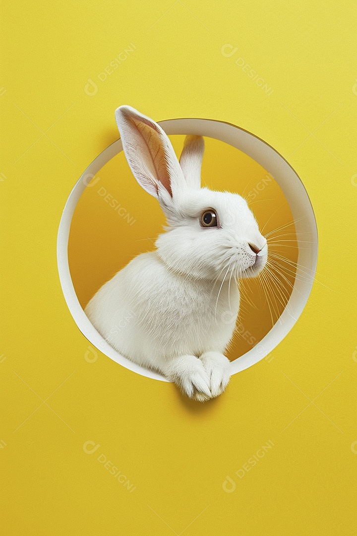 Um coelho branco olhando para fora do círculo colorido