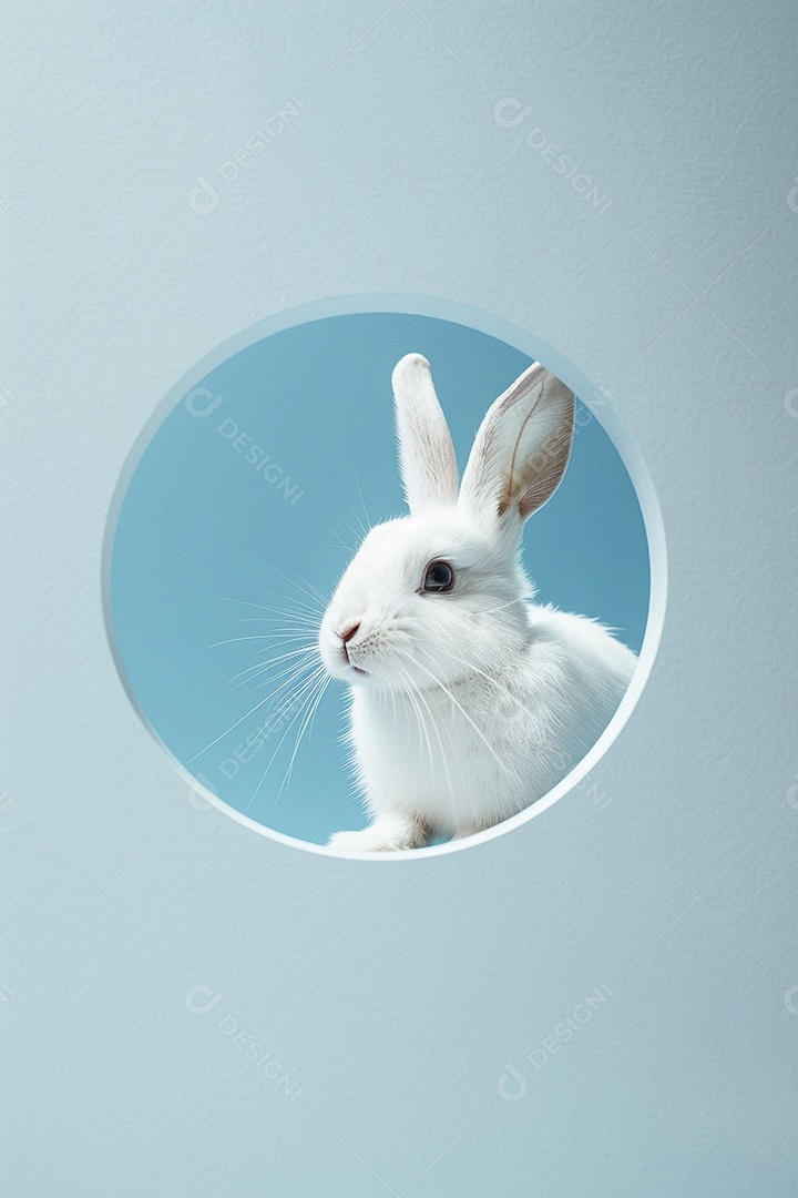 Um coelho branco olhando para fora do círculo colorido
