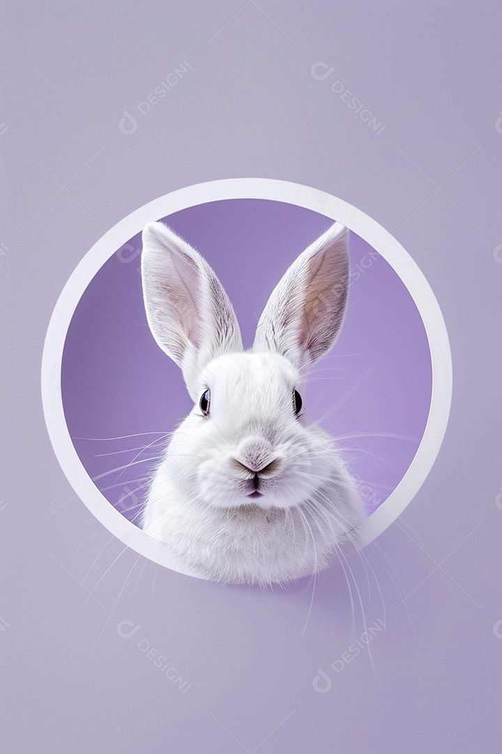 Um coelho branco olhando para fora do círculo colorido