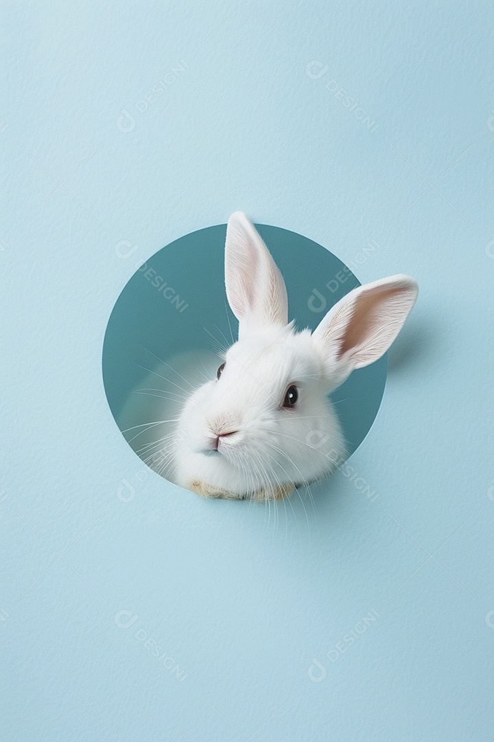 Um coelho branco olhando para fora do círculo colorido