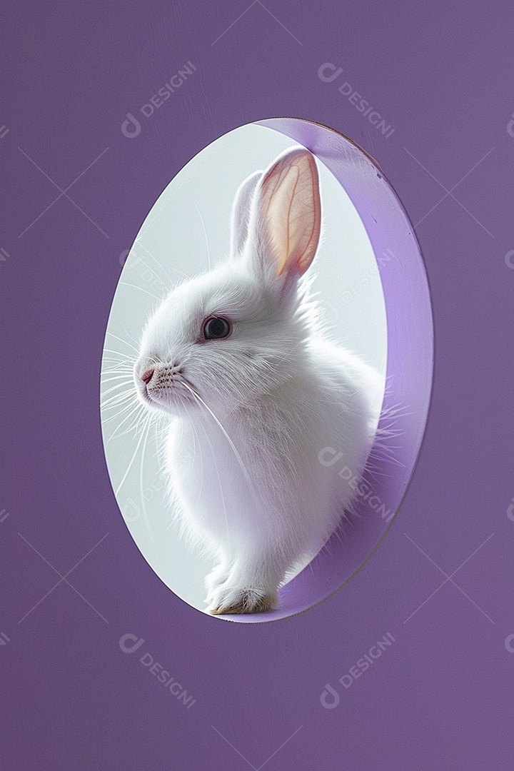 Um coelho branco olhando para fora do círculo colorido