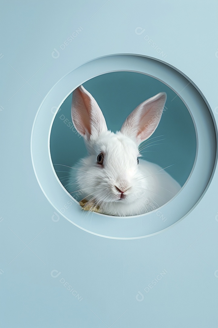 Um coelho branco olhando para fora do círculo colorido