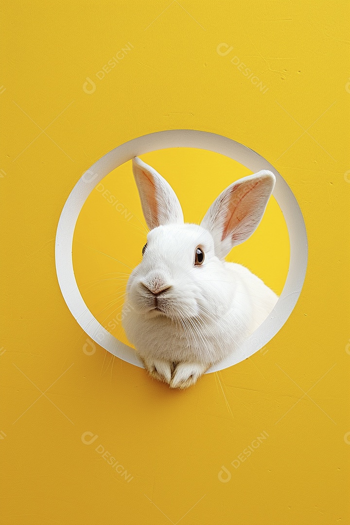 Um coelho branco olhando para fora do círculo colorido