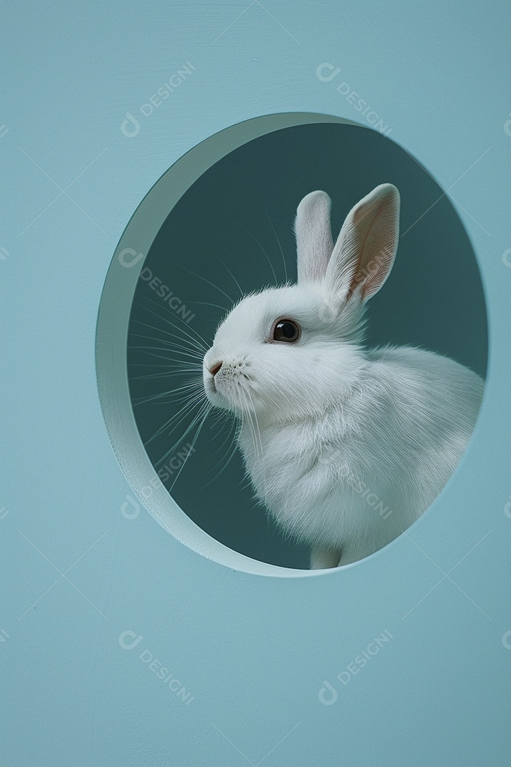 Um coelho branco olhando para fora do círculo colorido