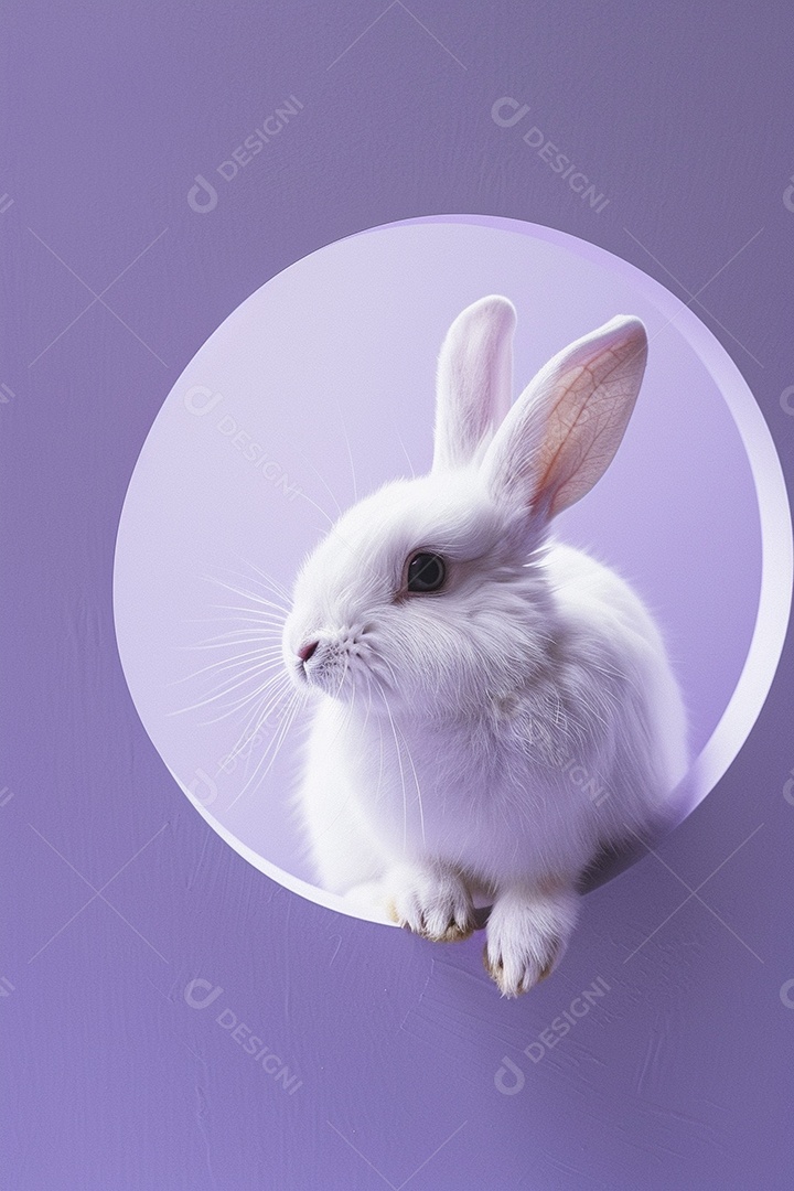 Um coelho branco olhando para fora do círculo colorido