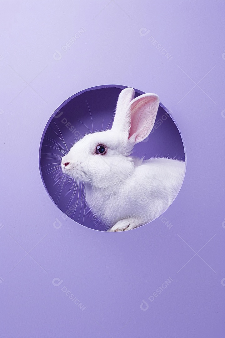 Um coelho branco olhando para fora do círculo colorido