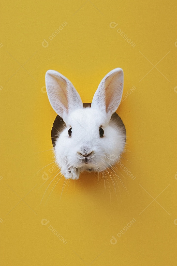 Um coelho branco olhando para fora do círculo colorido