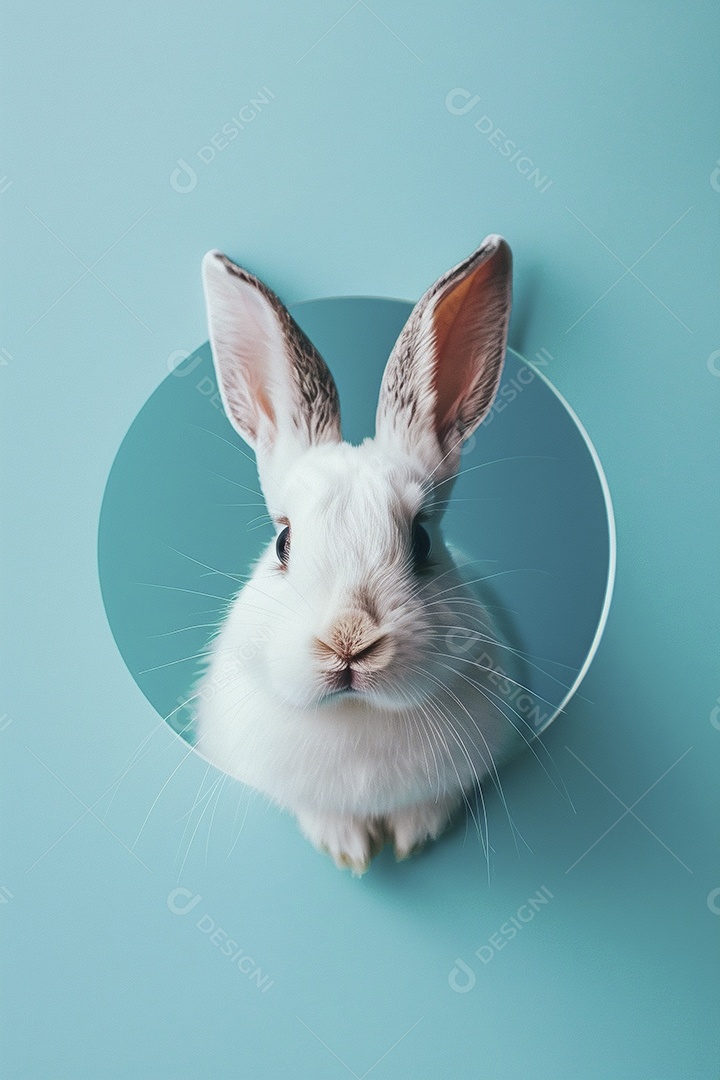 Um coelho branco olhando para fora do círculo colorido