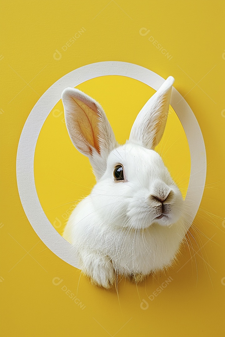 Um coelho branco olhando para fora do círculo colorido