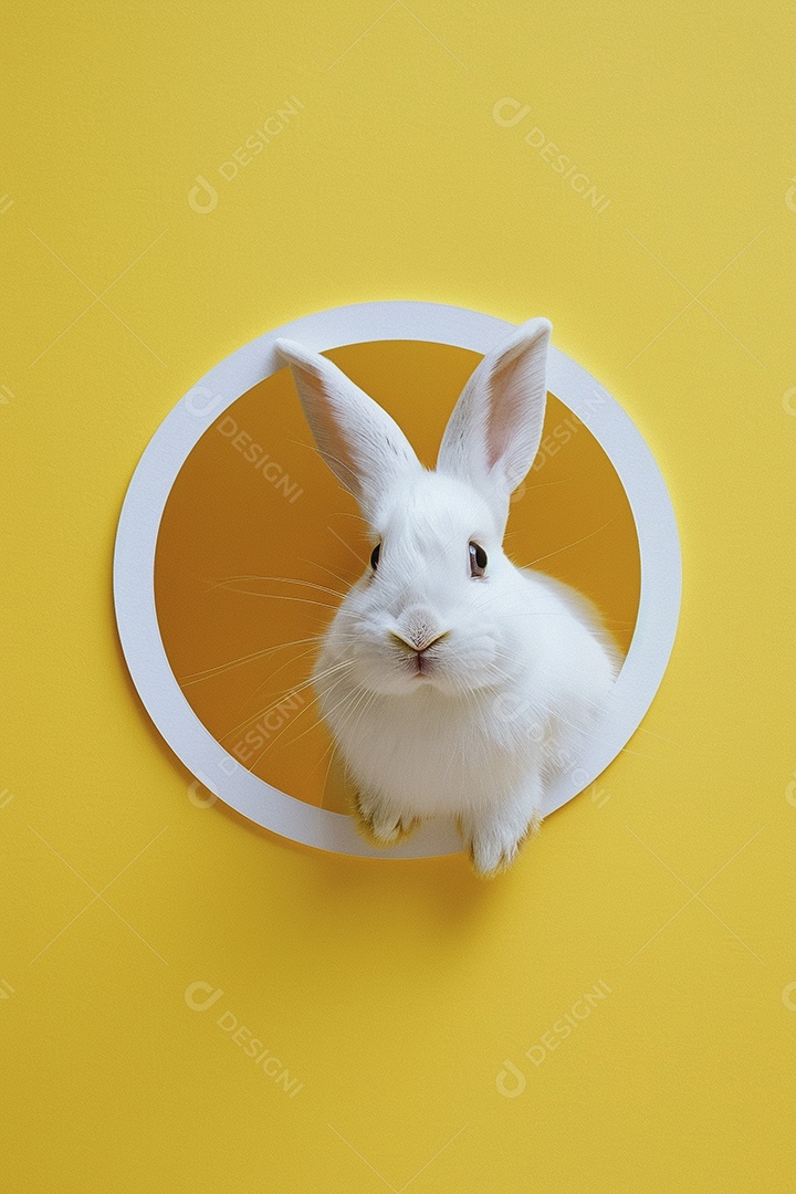 Um coelho branco olhando para fora do círculo colorido