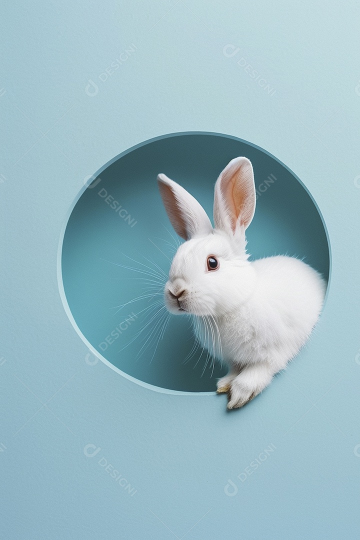 Um coelho branco olhando para fora do círculo colorido
