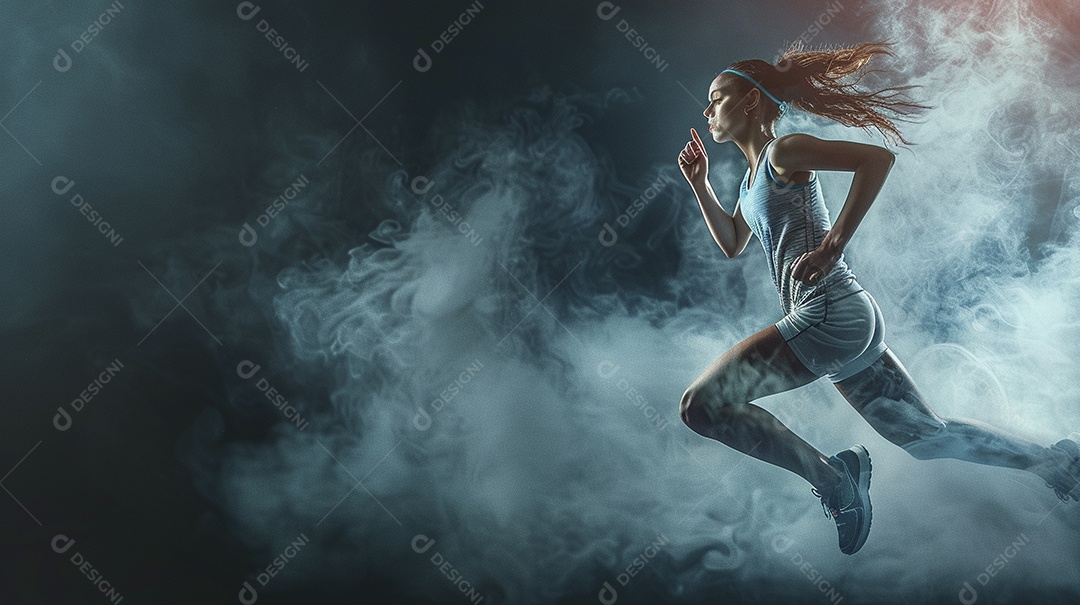 Uma jovem estrela do esporte correndo em um fundo escuro