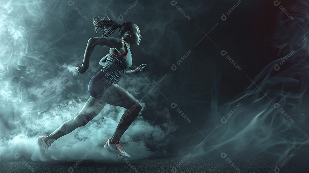 Uma jovem estrela do esporte correndo em um fundo escuro