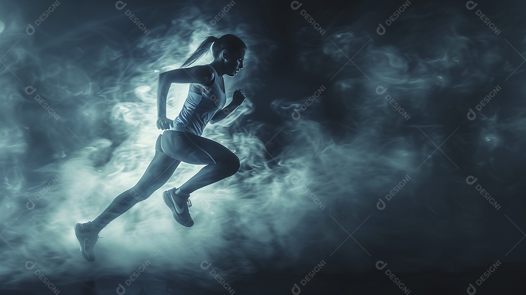 Uma jovem estrela do esporte correndo em um fundo escuro