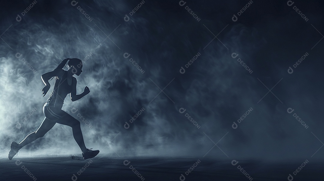 Uma jovem estrela do esporte correndo em um fundo escuro