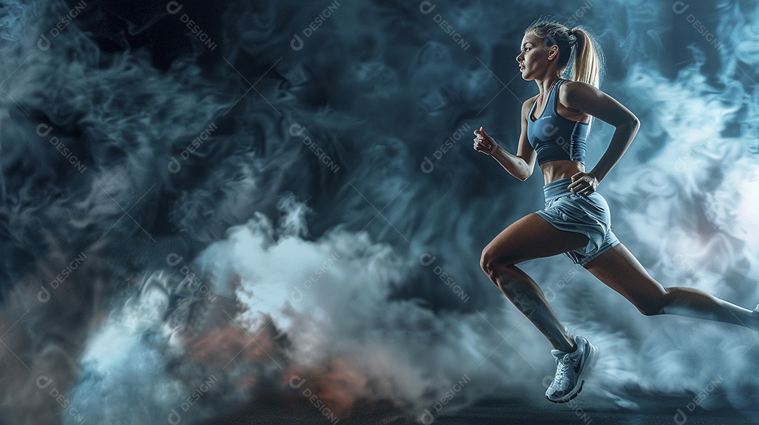 Uma jovem estrela do esporte correndo em um fundo escuro