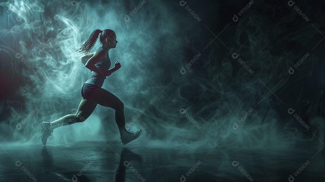 Uma jovem estrela do esporte correndo em um fundo escuro