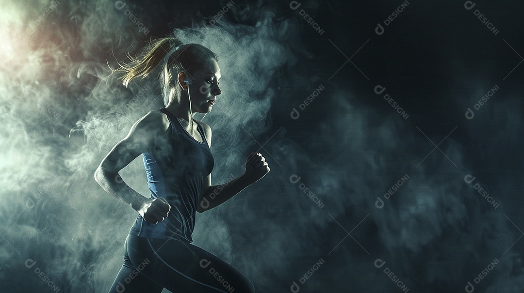 Uma jovem estrela do esporte correndo em um fundo escuro