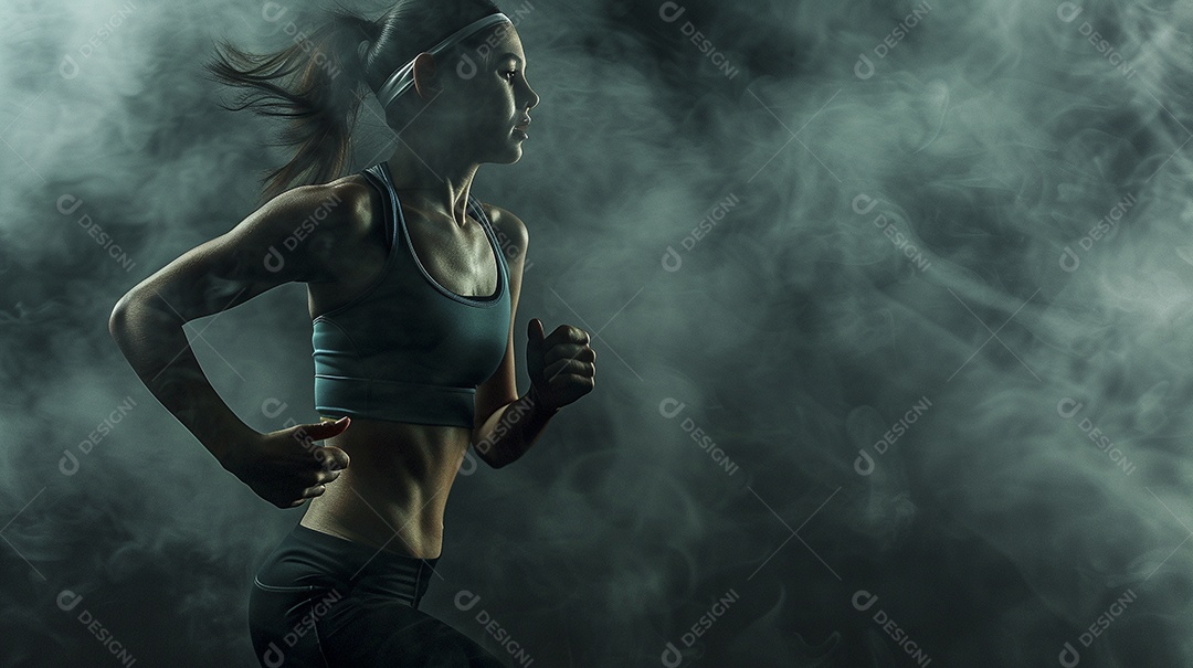Uma jovem estrela do esporte correndo em um fundo escuro