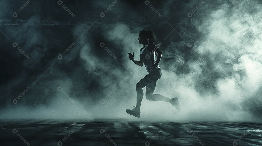 Uma jovem estrela do esporte correndo em um fundo escuro