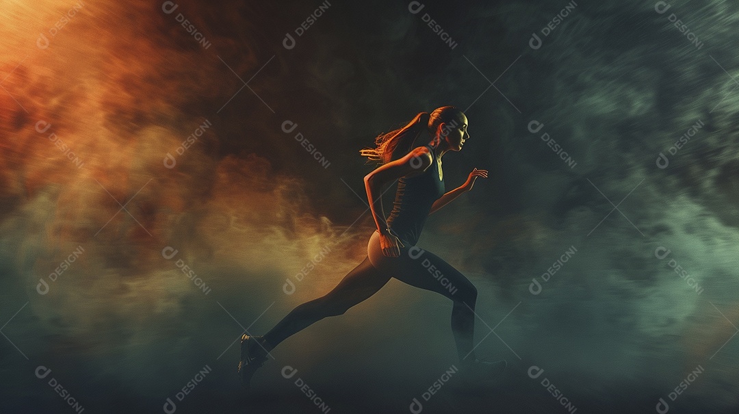 Uma jovem estrela do esporte correndo em um fundo escuro