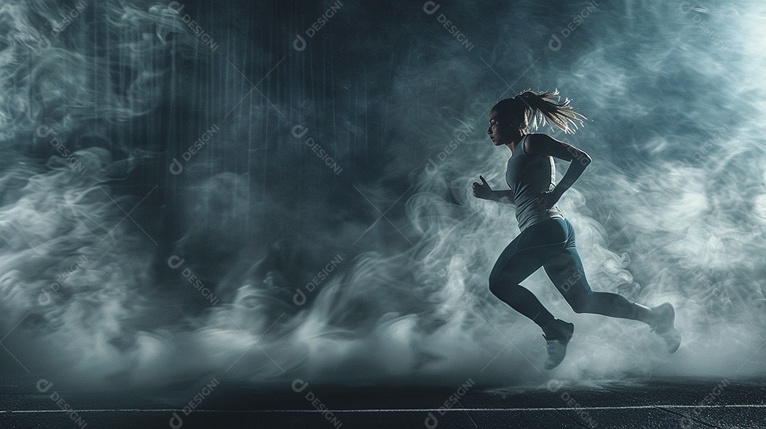 Uma jovem estrela do esporte correndo em um fundo escuro