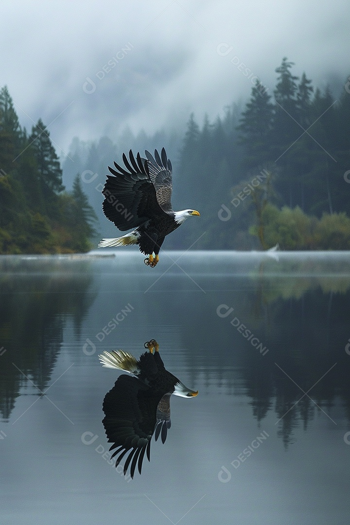 Águia voando através de uma natureza calma do lago