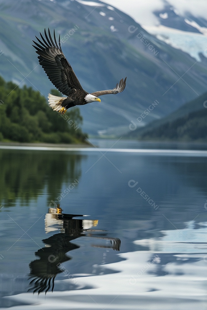 Águia voando através de uma natureza calma do lago
