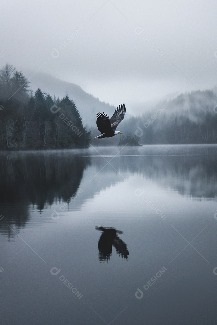 Águia voando através de uma natureza calma do lago