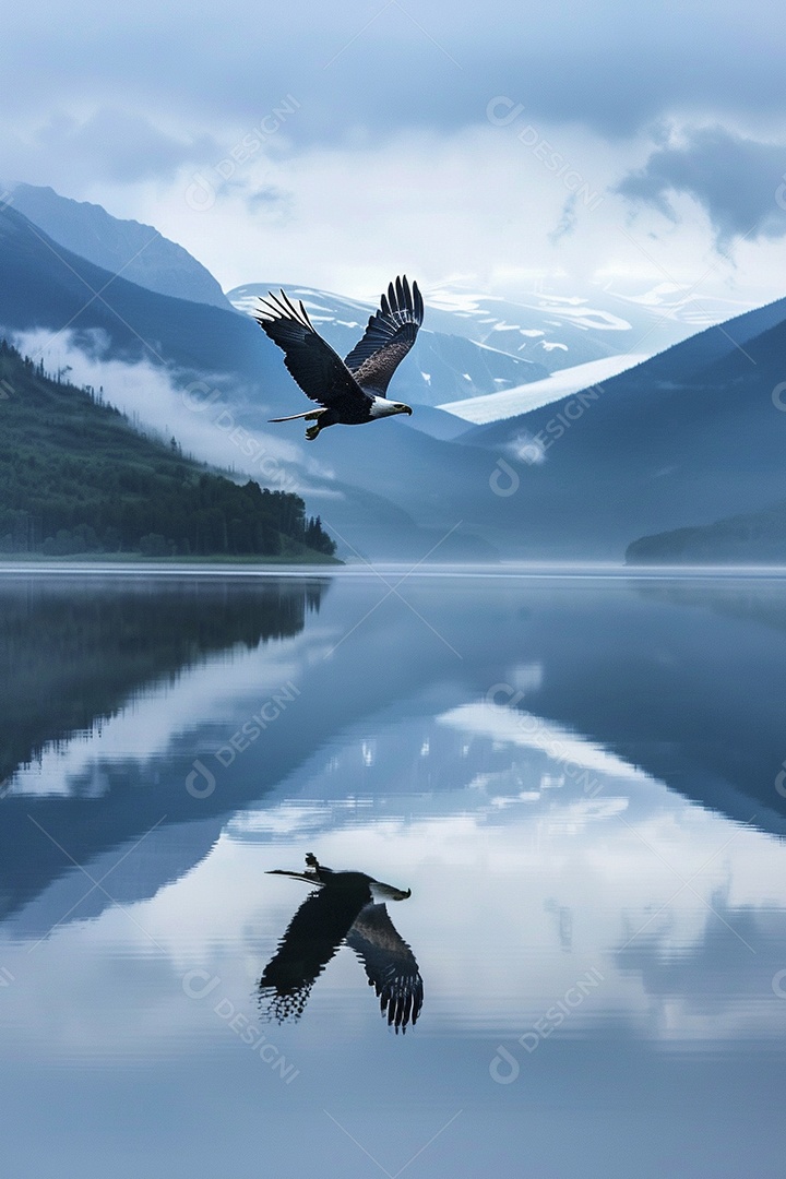 Águia voando através de uma natureza calma do lago