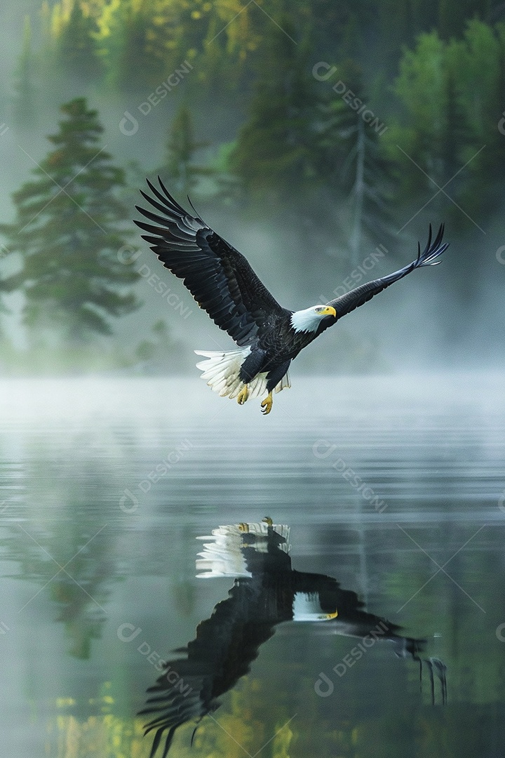Águia voando através de uma natureza calma do lago