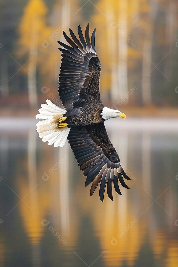 Águia voando através de uma natureza calma do lago