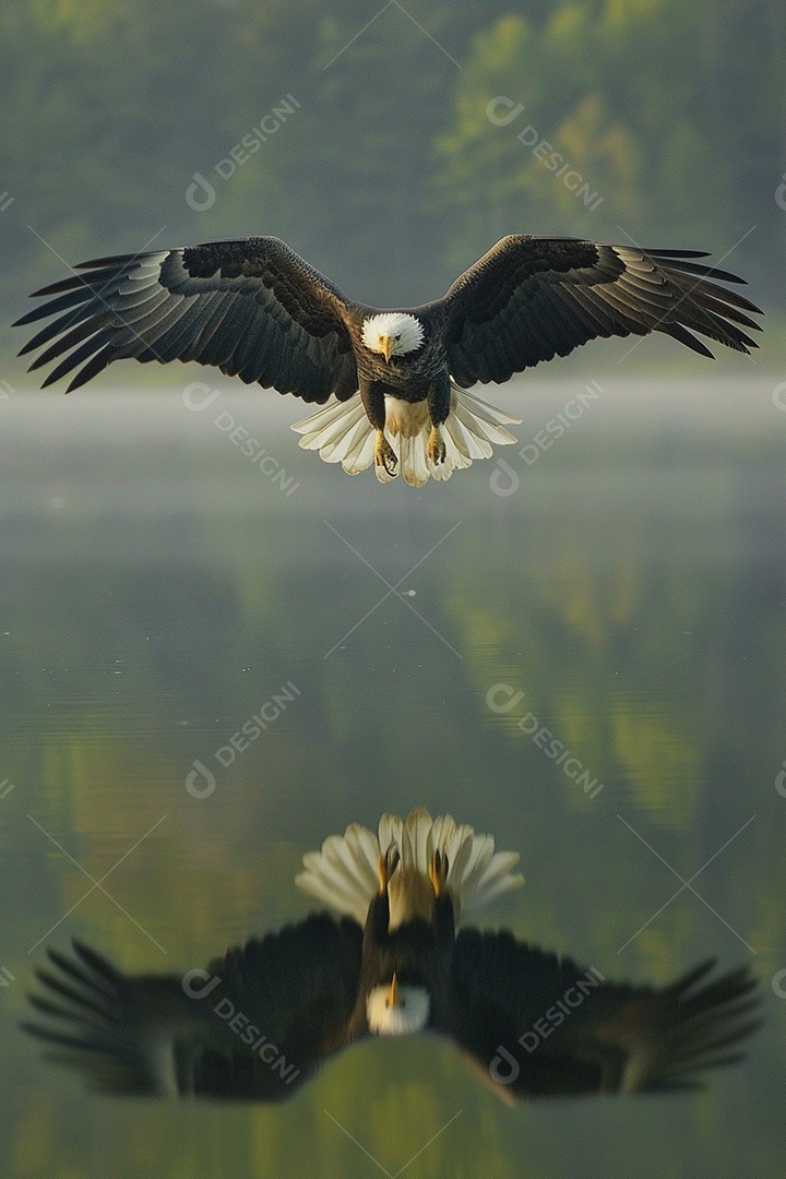 Águia voando através de uma natureza calma do lago