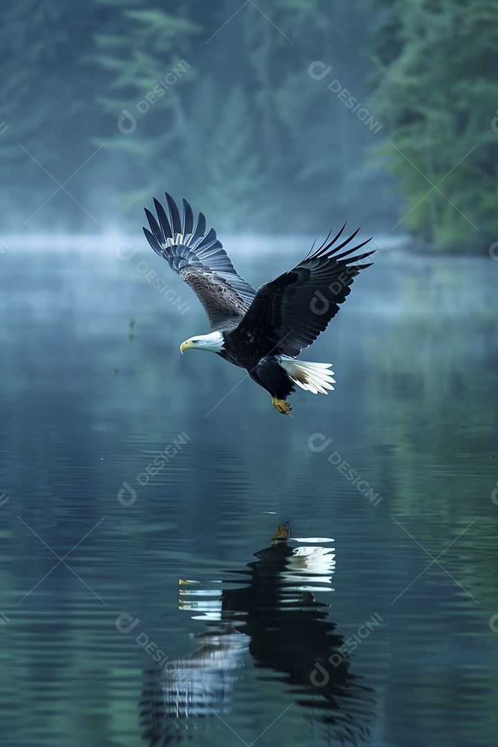 Águia voando através de uma natureza calma do lago