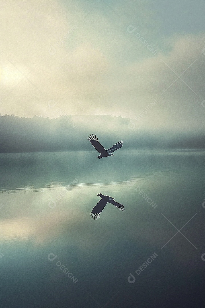 Águia voando através de uma natureza calma do lago
