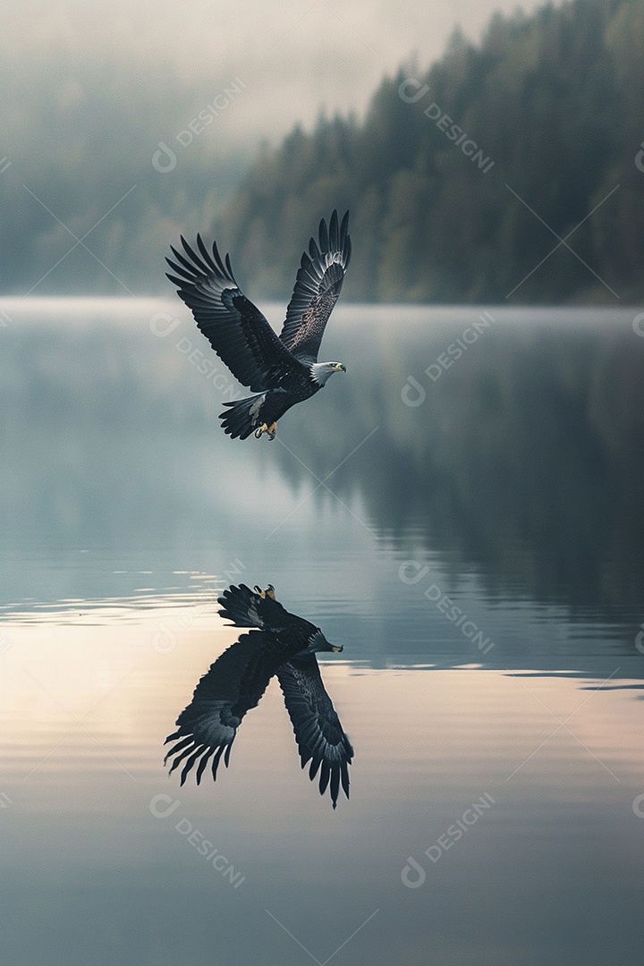 Águia voando através de uma natureza calma do lago