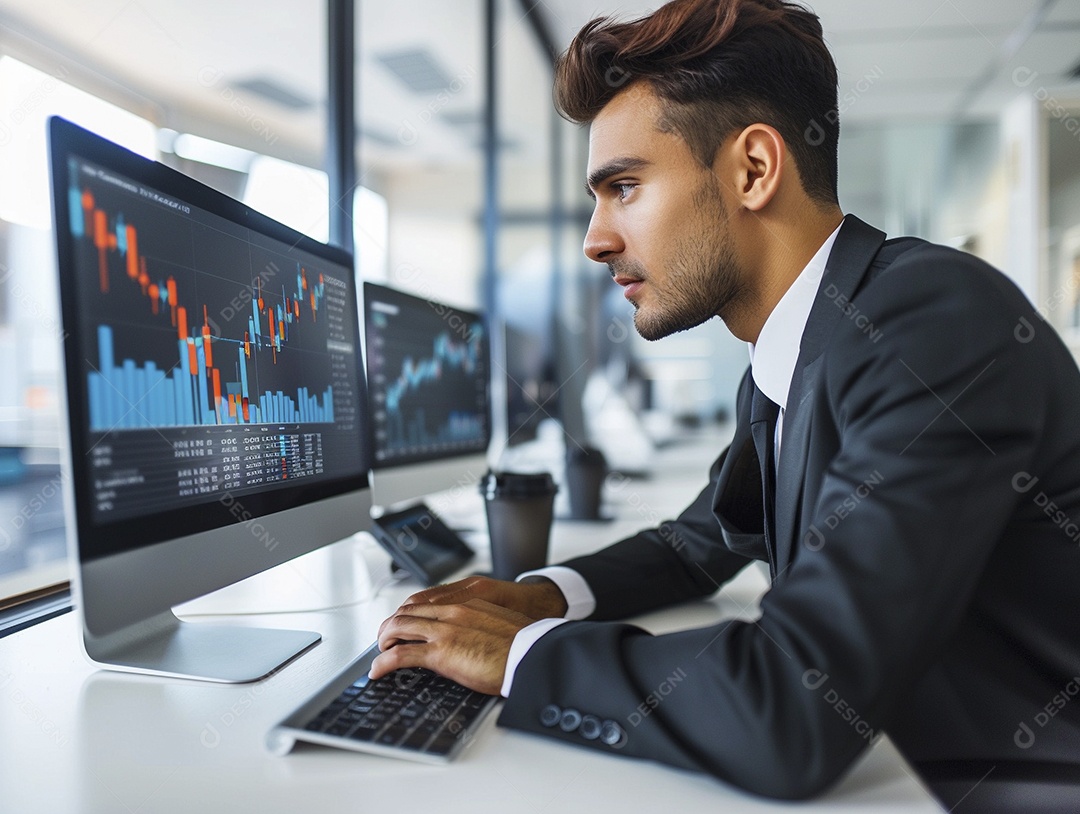 Homem gerente de projeto em trajes de negócios trabalhando em uma apresentação de marketing