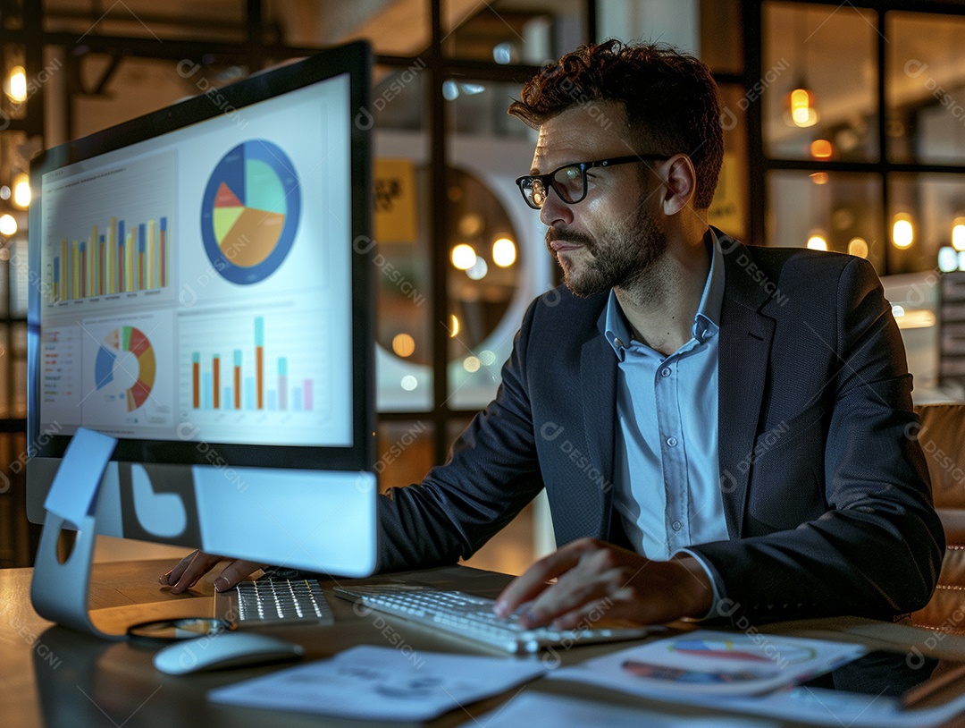 Homem gerente de projeto em trajes de negócios trabalhando em uma apresentação de marketing