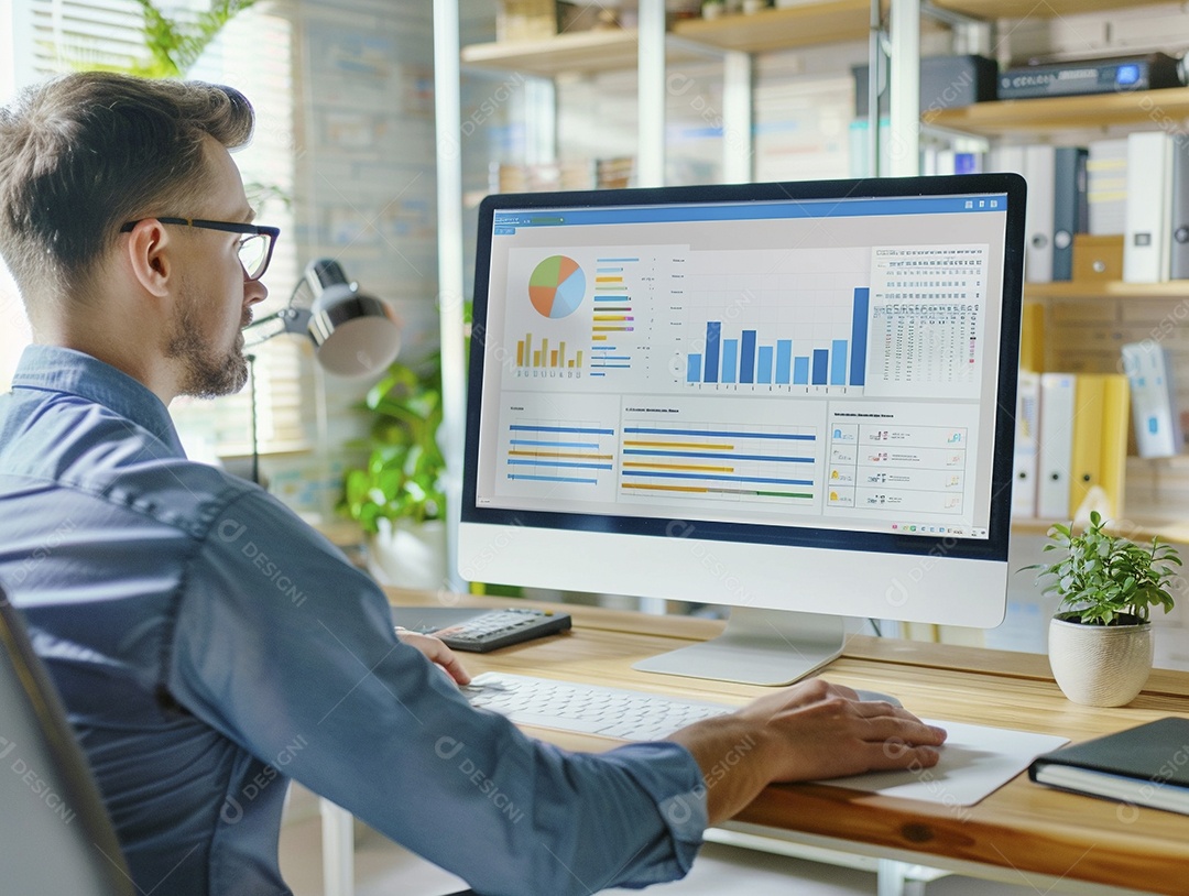 Homem gerente de projeto em trajes de negócios trabalhando em uma apresentação de marketing