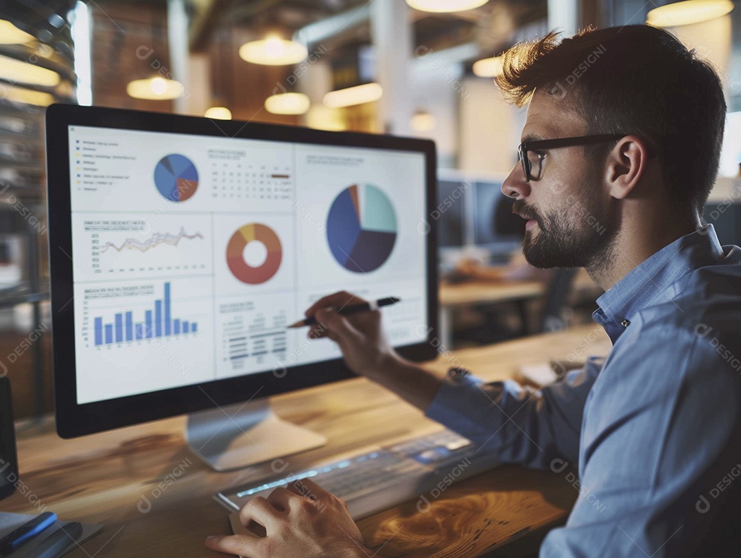 Homem gerente de projeto em trajes de negócios trabalhando em uma apresentação de marketing