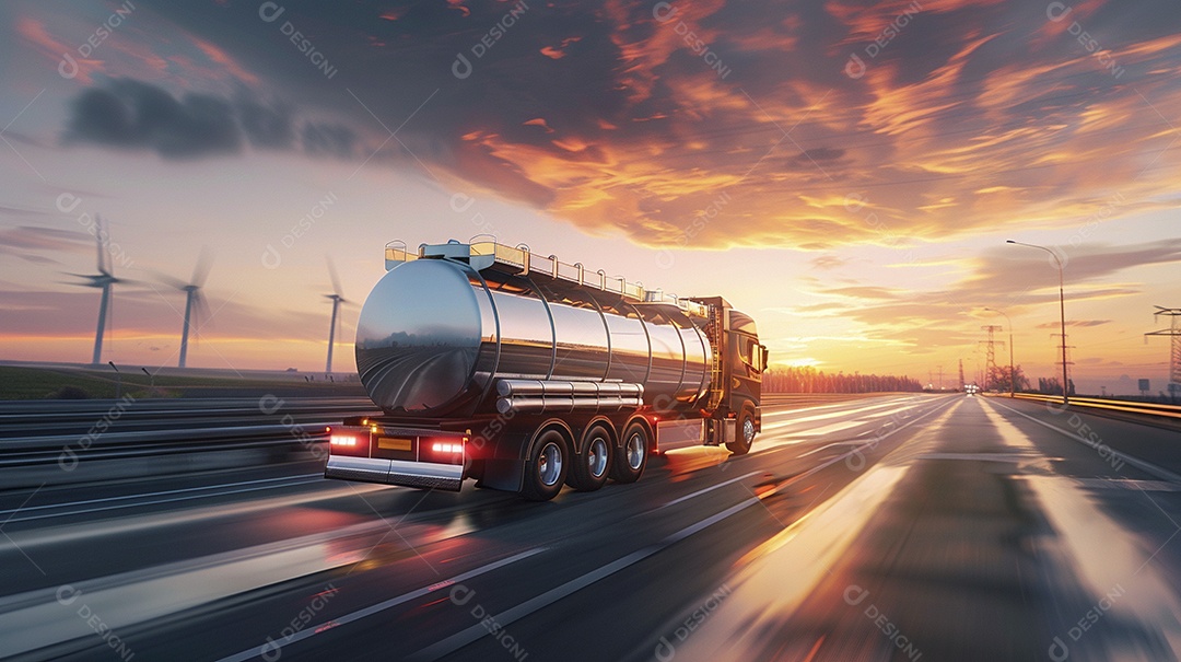 Vista traseira de um grande caminhão-tanque de combustível metálico em movimento, transportando combustível para refinaria de petróleo