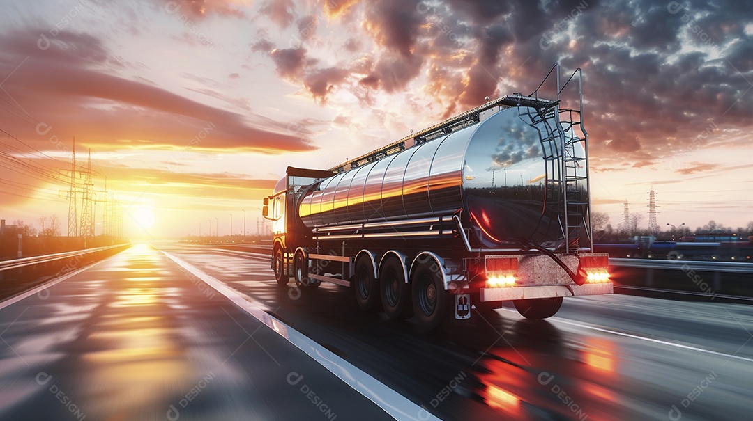 Vista traseira de um grande caminhão-tanque de combustível metálico em movimento, transportando combustível para refinaria de petróleo
