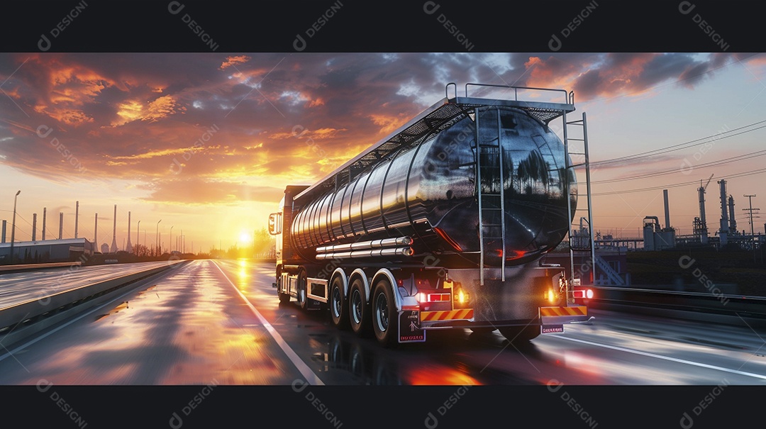 Vista traseira de um grande caminhão-tanque de combustível metálico em movimento, transportando combustível para refinaria de petróleo