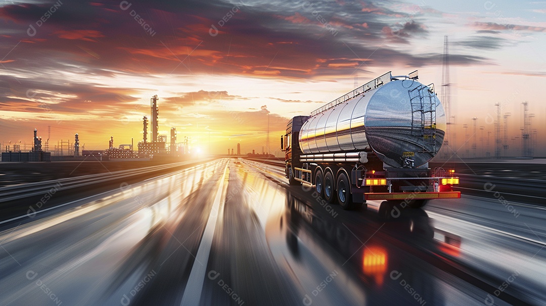 Vista traseira de um grande caminhão-tanque de combustível metálico em movimento, transportando combustível para refinaria de petróleo