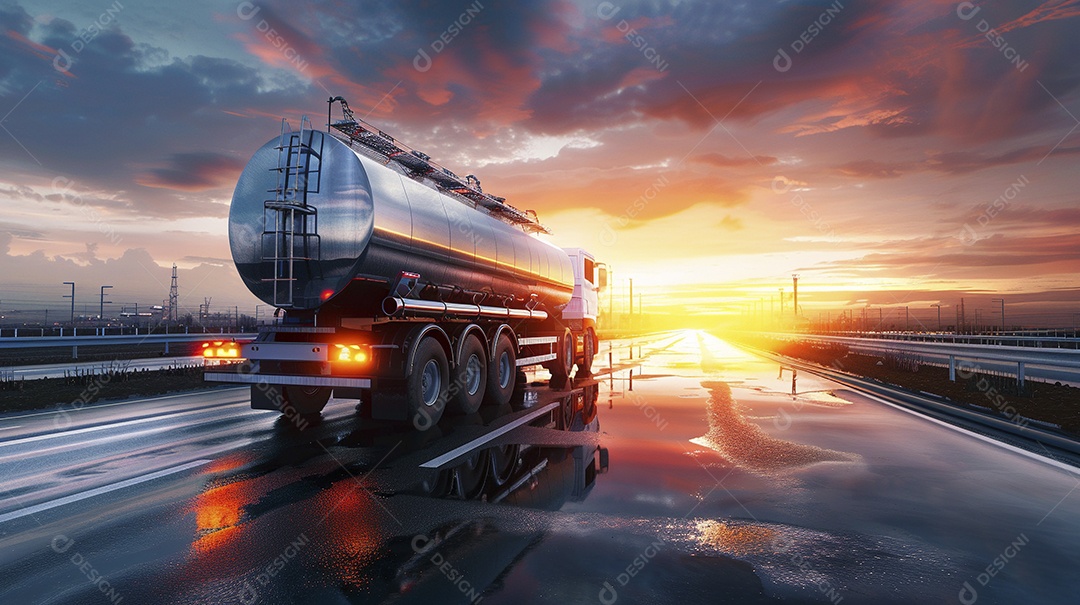 Vista traseira de um grande caminhão-tanque de combustível metálico em movimento, transportando combustível para refinaria de petróleo