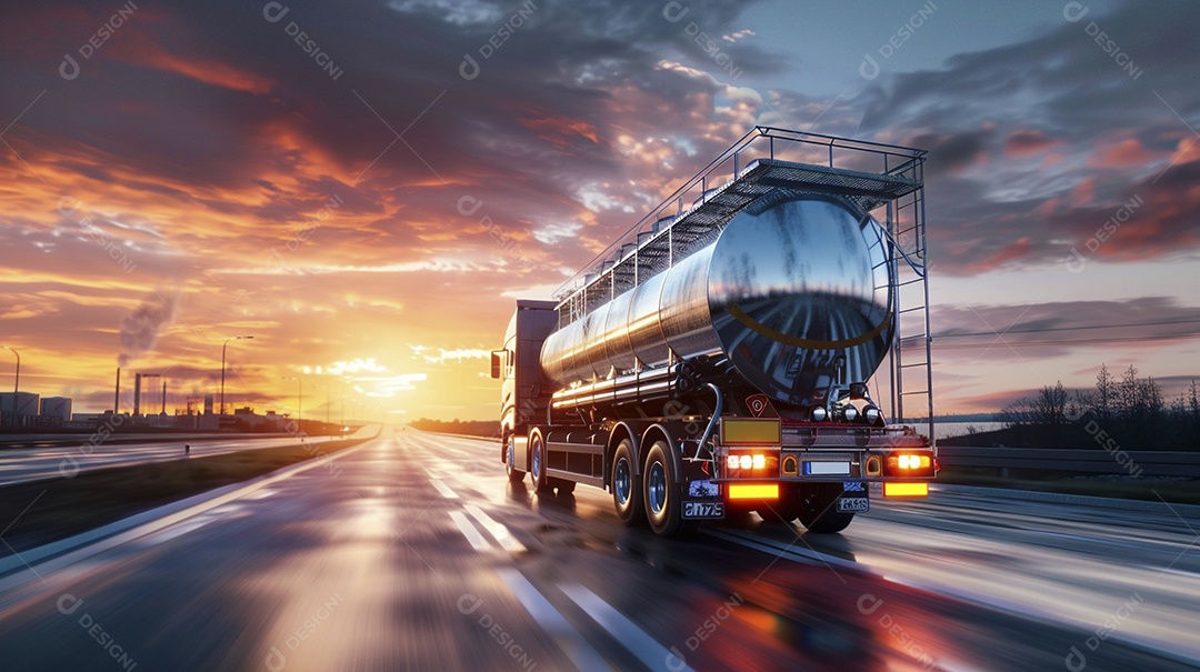 Vista traseira de um grande caminhão-tanque de combustível metálico em movimento, transportando combustível para refinaria de petróleo